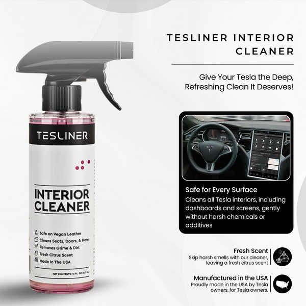 Tesliner Interior Seat & Stain Cleaner – Safe for Black & White Vegan Leather, Dash, Console & More | Citrus Fresh | Fits Model 3, Y, S, X, Cybertruck