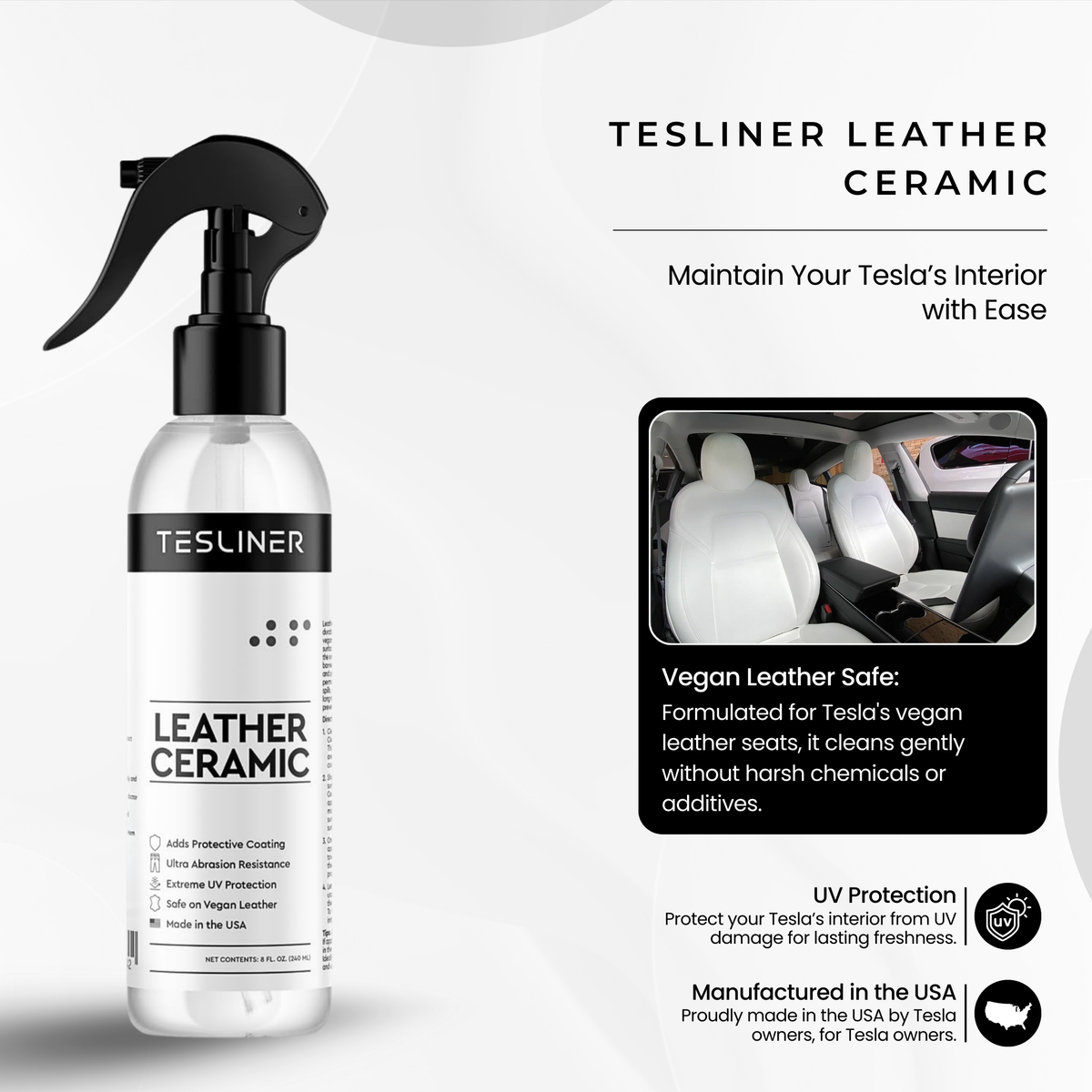 Tesliner Leather Shield Ceramic Coating – Vegan Leather Protector, Stain & Spill Resistant | Long-Lasting Interior Protection for Model 3, Y, S, X, Cybertruck