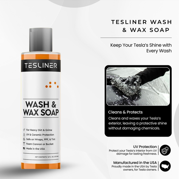 Tesliner Car Wash & Wax Soap – Biodegradable, UV & Ceramic Protection | Safe on Wraps, Tint & PPF | Fits Model 3, Y, S, X, Cybertruck